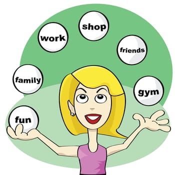 Cartoon illustration showing a young woman juggling balls trying to achieve balance in modern life: fun, friends, work, shop, family, gym