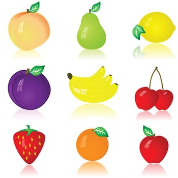 Glossy illustration of nine different fruits: peach, pear, lemon, plum, banana, cherry, strawberry, orange and apple