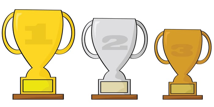 Cartoon illustration of three trophies to be awarded for a top 3 finish in a sporting event: gold, silver and bronze
