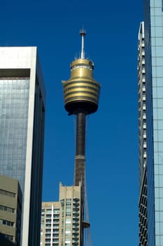 tall skyscrapers and sydney tower, blue sky