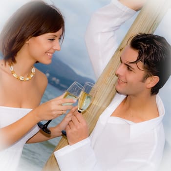 happy couple on vacation or honeymoon or engagement party