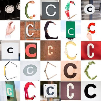 Collage with 25 images with letter C