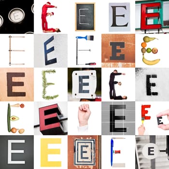 Collage with 25 images with letter E