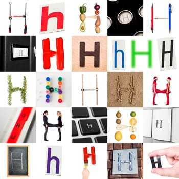 Collage with 25 images with letter H