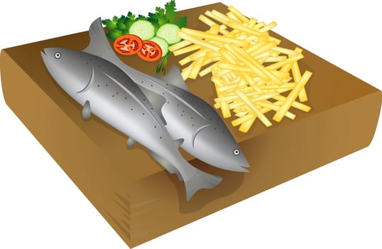 Fish and chips on a wooden plate, isolated objects over white background