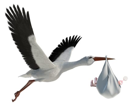 Classic depiction of a stork in flight delivering a newborn baby