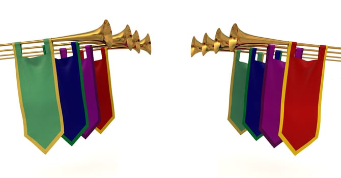 Medieval trumpets with banners on a white background