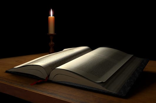 An open book on a dark background illuminated with a candle