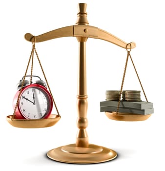Stock Photo of Scales in equal balance holding a clock left on the and money on the right.