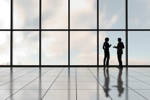 Profiles of two business people against a bank of windows in an office tower