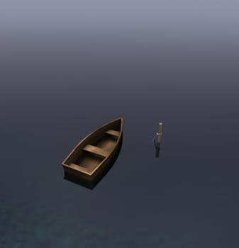 Wooden row boat moored to a post on a glassy lake