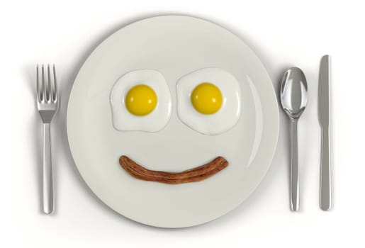 A plate with a frowning face made from two sunny side up eggs and a strip of bacon on a white background