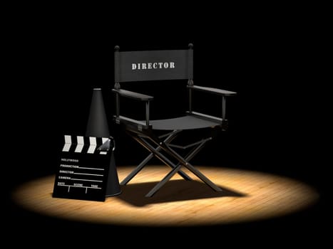 Director&#039 s chair with megaphone and clapper board on a wood floor under a spotlight