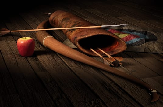 Vintage archery paraphernalia symbolizing targetging. Bow, arrows, quiverbag and a paper target on a rustic wood floor in dramatic lighting.