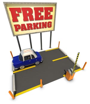 A Blue cartoon car parked in a free parking lot