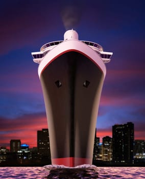 Worm&#039 s eye view of a retro luxury cruise ship shot at water level during a  sunset.