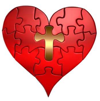 Puzzle of a Valentine heart with a gold cross as the center puzzle piece