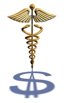 Chrome caduceus casting a shadow of a dollar on a white background