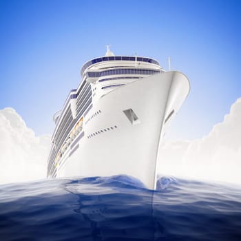 a luxury cruiseship sailing the waters with dramatic fisheye lens effect