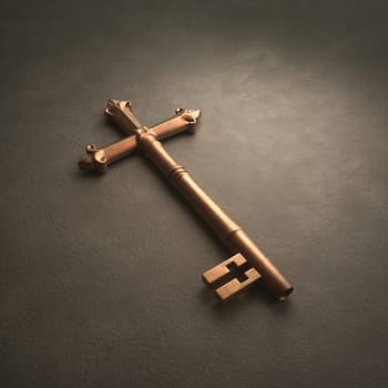 An old fashioned brass key laying on white surface shaped like a cross
