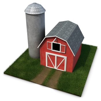 Barn and Silo on a square patch of grass isolated on a white background