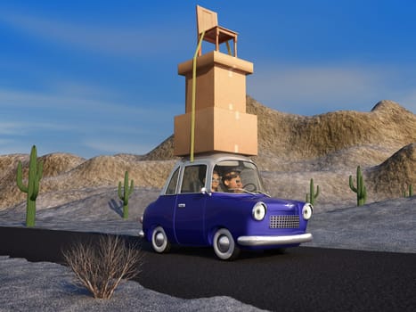 A cartoon family driving through the desert in a cartoon car carrying a load of tall stack of boxes and a chair that is strapped to the car.