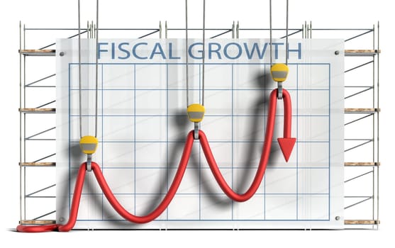 Business concept showing construction equipment attempting to hold a limp chart line into what appears to be an upward trend against a chart and scaffolding background.