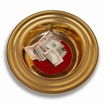 Church offering plate with some currency in it