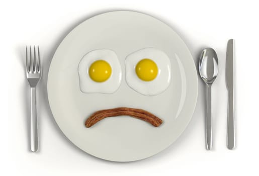 A plate with a frowning face made from two sunny side up eggs and a strip of bacon on a white background