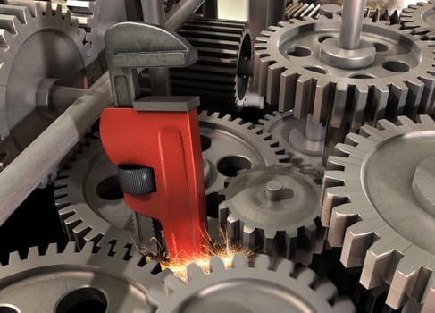 Pipe wrench caught in a gear assembly creating sparks