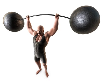 A muscular man with a handlebar mustache and a body suit lifting a weight with a bending bar.