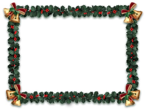 Holly garland border with gold bells on a white background with letter sized aspect ratio