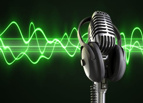 A microphone with headphones on top woth a audio wave background.