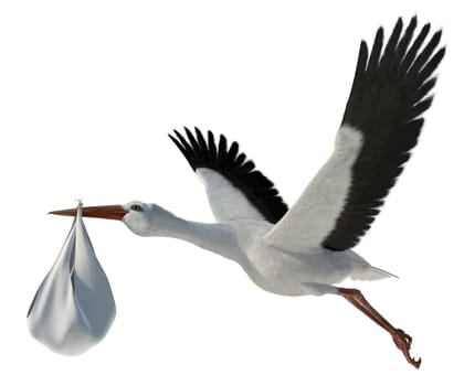 Classic depiction of a stork in flight delivering a newborn baby