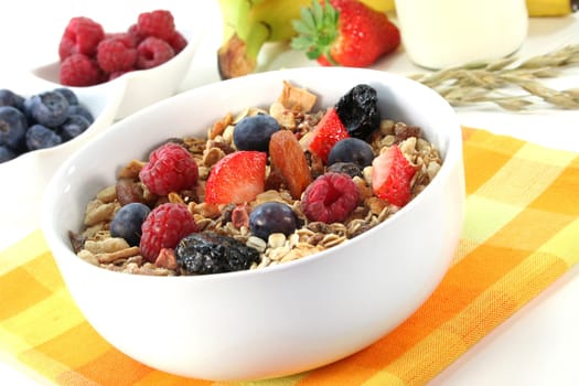 a bowl of fruit muesli with fresh berries
