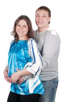 Shot of beautiful couple, pregnant woman isolated on white