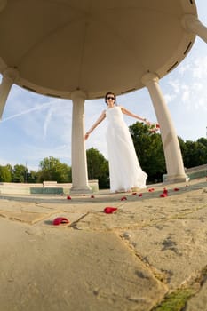 Beautiful bride is throwing rose petals on the ground. Wide angle view