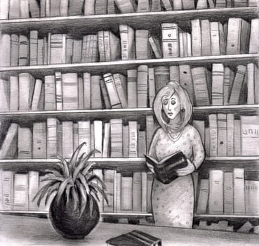 A woman reads a book in the library while standing up. Behind her are many more books on book shelves.