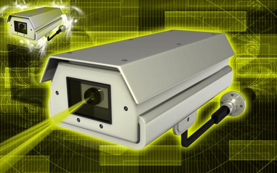 Digital illustration of security camera in colour background
