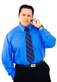 Businessman talking on a mobile phone isolated over white