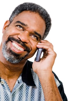 Close-up of a man talking on a mobile phone isolated over white