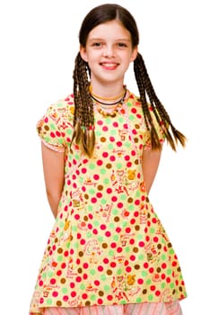 Close-up of a girl posing and smiling isolated over white