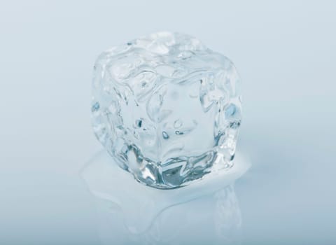 Close-up of an icecube slowly melting away in a puddle of water