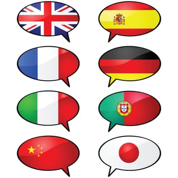Glossy illustration of several cartoon talk balloons, with different flags representing different languages