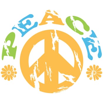 Concept illustration showing a peace sign with the word peace and flowers around it