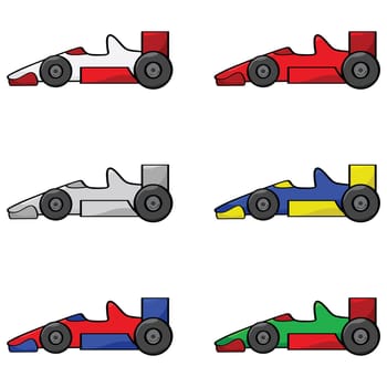 Cartoon illustration of a set of different colored racing cars