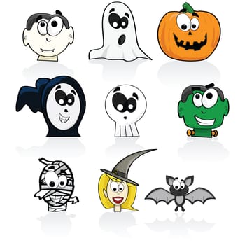 Cartoon illustration of a group of different Halloween characters