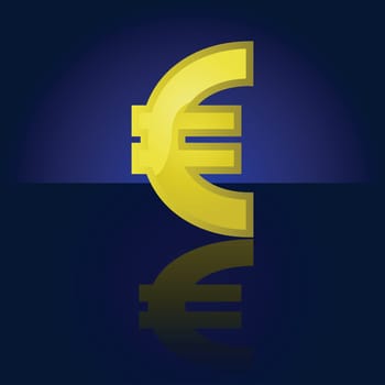 Glossy illustration of a golden Euro symbol, reflected on a dark background