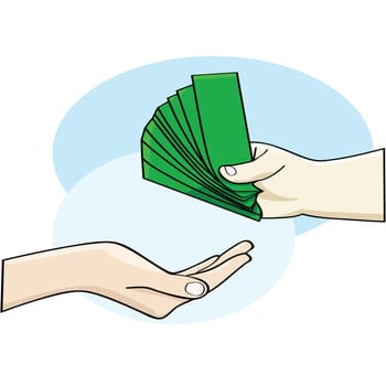 Cartoon illustration showing a hand giving money and an open hand accepting it