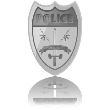 Glossy illustration of a police badge reflected on a white background